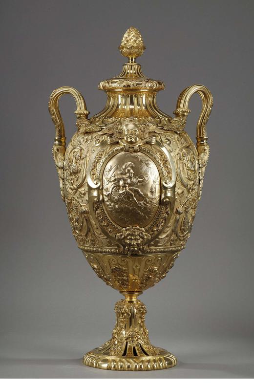独角鹿西洋古董 19世纪法国出品新文艺复兴风格古典神话人物主题铜鎏金精雕双耳带盖花瓶 商品图0