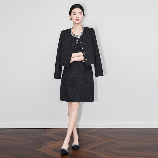 「高货wl」全新升级【铂金会员505/天猫679/差价174】(99658)洛诗琳2025秋冬重工钉钻领亮片小香风外套背心裙两件套 商品图0
