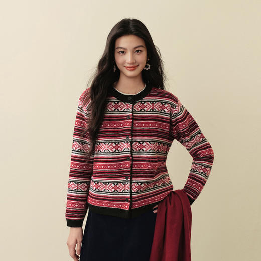 【严选】诗凡黎费尔岛复古提花针织开衫2025冬新款设计感拼色圆领气质毛衣7GB133251 商品图2
