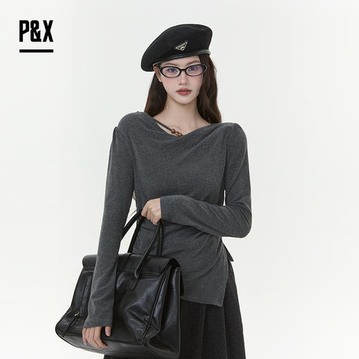 P&X设计师女装2025冬季褶皱修身长袖荡领短款T恤825402095 灰色 商品图3