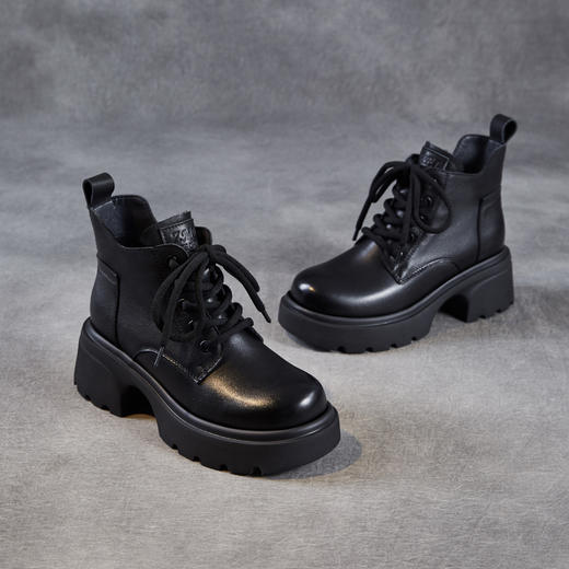 真皮厚底马丁靴，英伦风系带短靴加绒秋冬小个子女靴 ZM258711 商品图3