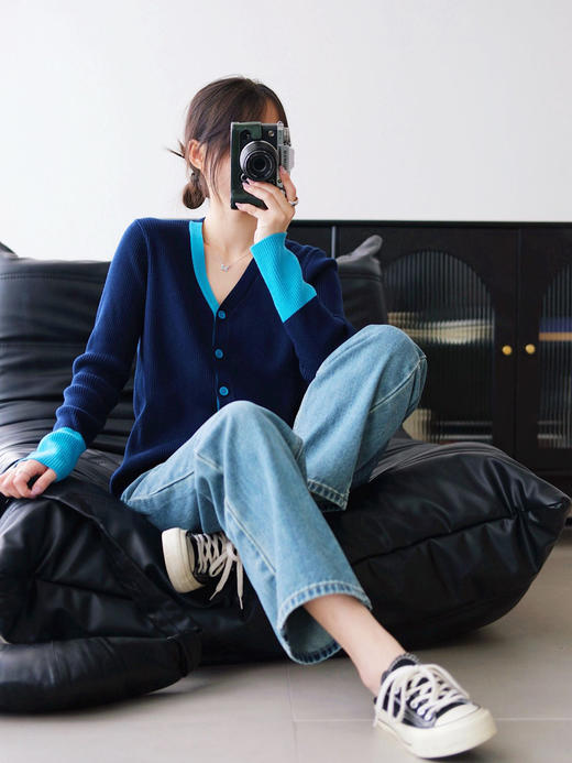 【百图lulu定制】【幻蓝针织衫】羊毛混纺 克莱因蓝撞色 假两件 针织衫 开衫外套 商品图2