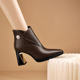 【预售5天】黑色真皮短靴女春秋单靴粗跟妈妈鞋高跟新款冬季加绒方头女靴JZX&D05-82