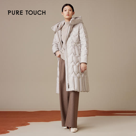 puretouch女士中长款羽绒服白鹅绒保暖米灰色修身百搭冬季外套新 商品图1