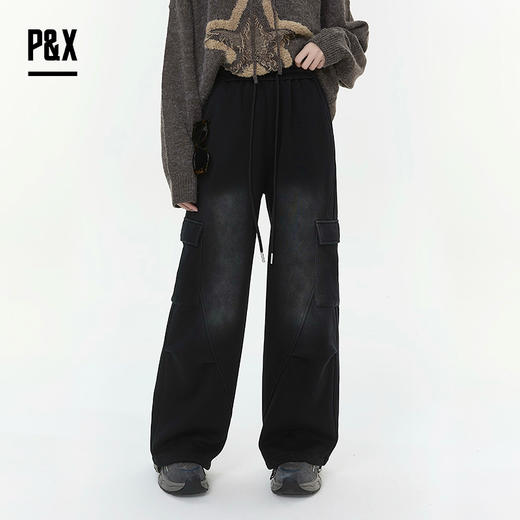 P&X设计师女装2025冬季做旧高街卫裤针织休闲长裤825409167 黑色 商品图0