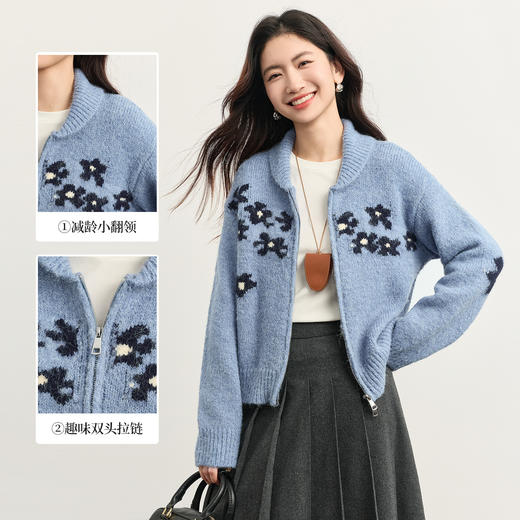 【周末秒杀】熙世界浪漫复古蓝色提花毛衣开衫女秋冬拉链翻领羊毛针织短款外套 商品图1