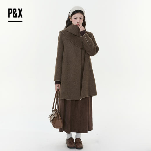 P&X设计师女装2025冬季法式长袖双面呢中长款大衣825421113 咖色 商品图0