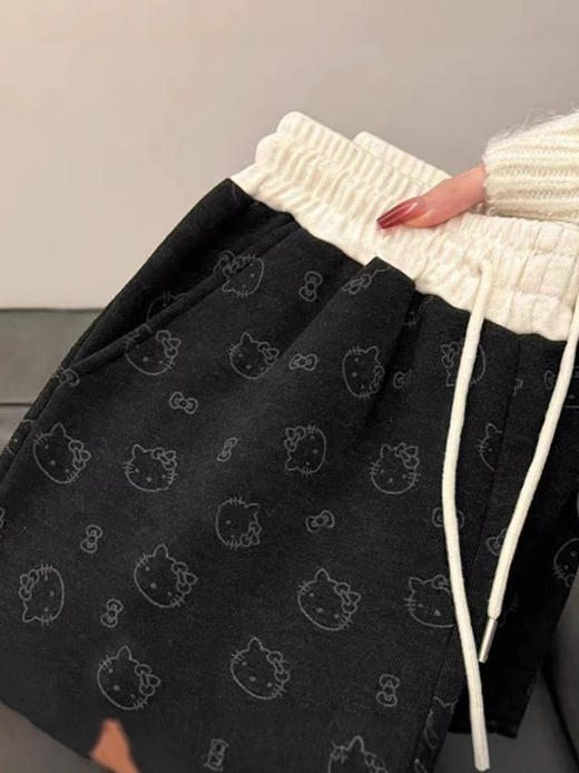 【YW】无忧购加绒款韩系可爱kitty猫腰头拼色休闲垂感阔腿糯米裤（截单后7天发货) 商品图2
