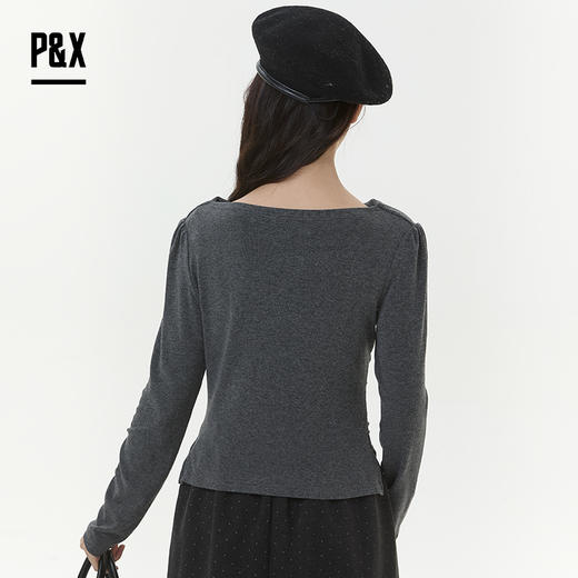 P&X设计师女装2025冬季褶皱修身长袖荡领短款T恤825402095 灰色 商品图4