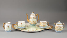 独角鹿西洋古董19世纪法国利摩日地区出品古典繁花卷叶主题手绘描金装饰青蓝色釉双人下午茶瓷器套件