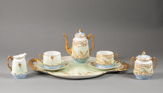 独角鹿西洋古董19世纪法国利摩日地区出品古典繁花卷叶主题手绘描金装饰青蓝色釉双人下午茶瓷器套件 商品图0