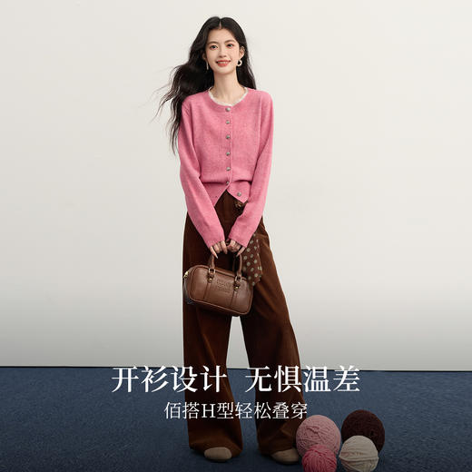 【11/5新品】熙世界可露丽风穿搭粉色毛衣开衫女秋冬新款圆领仿牛绒针织短外套 商品图1