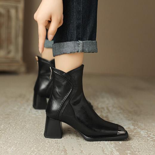 【预售5天】秋冬季棕色金属方头马丁靴女粗跟加绒短靴女短筒高跟靴子NJMK&KJ695 商品图2