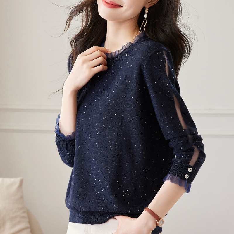 针织打底衫女早春秋季2026新款大码女装蕾丝长袖t恤上衣洋气小衫