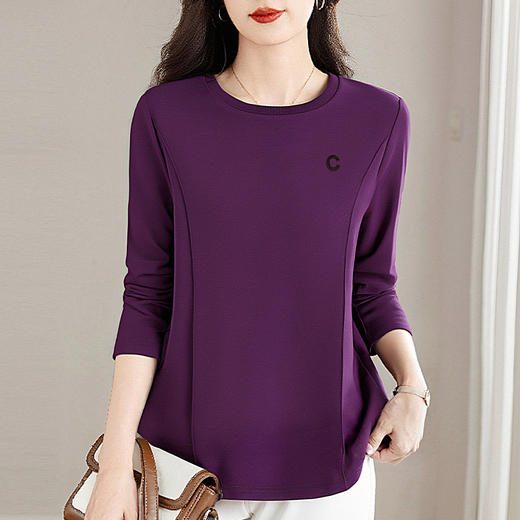 大码长袖T恤女士秋季新款薄款正肩紫色上衣遮肚子显瘦女装打底衫 商品图2