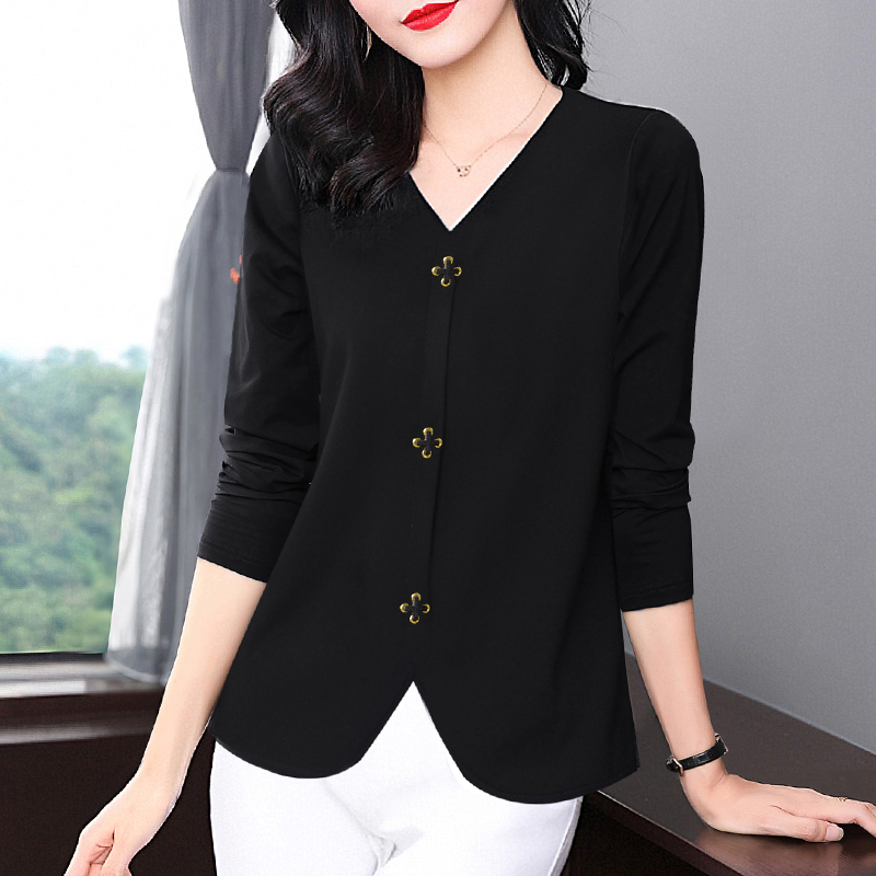 v领长袖t恤女2026早春装新款大码洋气打底衫中年妈妈黑色女士上衣