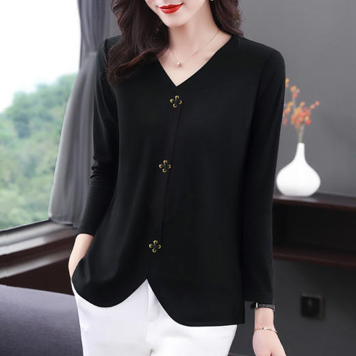 v领长袖t恤女2026早春装新款大码洋气打底衫中年妈妈黑色女士上衣 商品图4