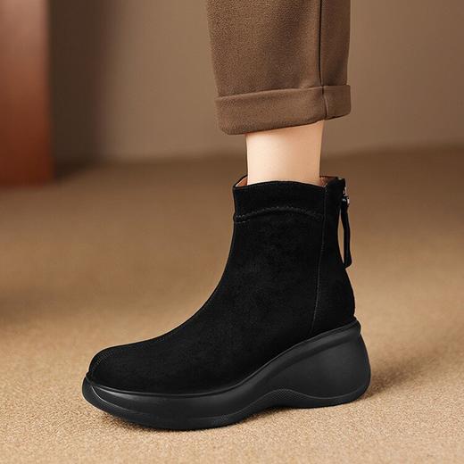 【预售5天】复古风真皮圆头厚底松糕短靴女新款百搭增高休闲马丁靴ASN&3167 商品图3