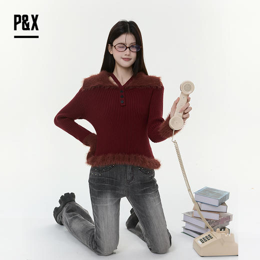 P&X设计师女装2025冬季套头法式时尚修身短款毛衣 825418189 红色 商品图3