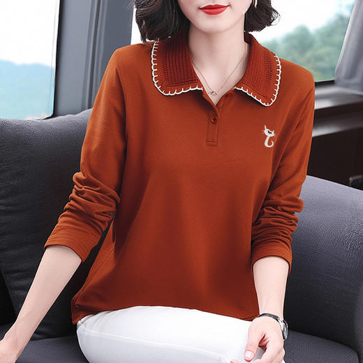 中年妈妈秋装长袖T恤女2026新款大码polo衫花边翻领上衣洋气减龄 商品图1