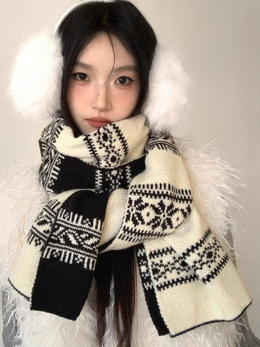 费尔岛风新年红双面针织羊绒围巾 女冬季氛围感百搭披肩保暖围脖 商品图2