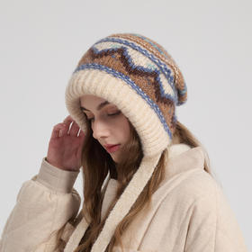 *【卡蒙】秋冬女款加厚保暖护耳系带费尔岛特色提花针织帽KM-9614