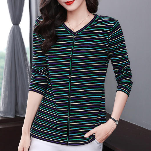 彩色条纹t恤女秋装2026年新款显瘦大码胖mm长袖打底衫中长款上衣 商品图3
