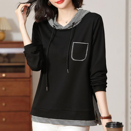 黑色连帽卫衣女春秋薄款2026年新款大码女装宽松套头下摆开叉上衣 商品图2