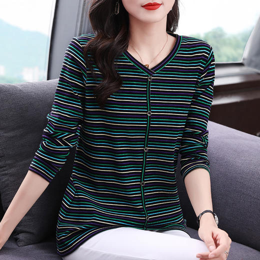 彩色条纹t恤女秋装2026年新款显瘦大码胖mm长袖打底衫中长款上衣 商品图4