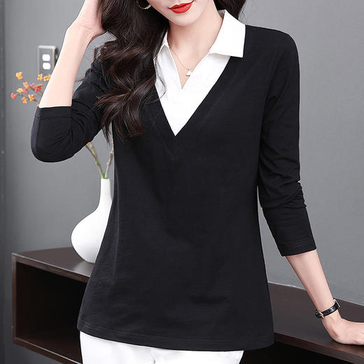 翻领女t恤长袖秋季新款上衣2026年春秋款大码中年妈妈纯棉打底衫 商品图1