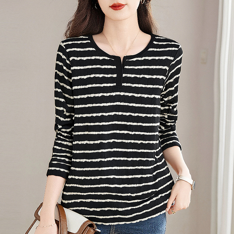 秋季大码条纹T恤女装新款显瘦宽松打底衫胖mm洋气遮肚子长袖上衣