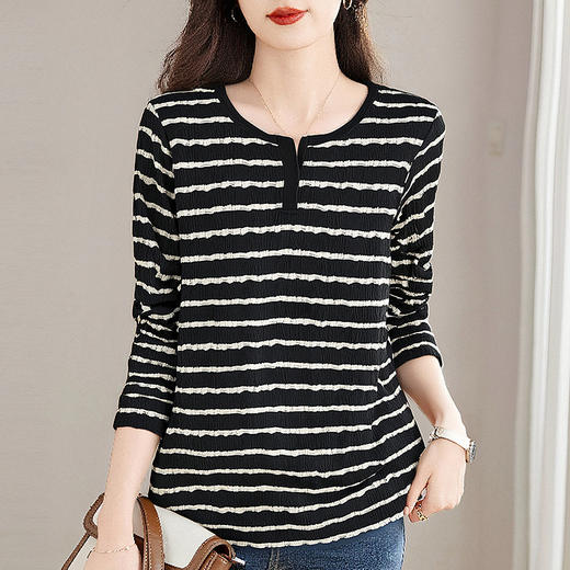 秋季大码条纹T恤女装新款显瘦宽松打底衫胖mm洋气遮肚子长袖上衣 商品图0