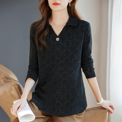 黑色长袖t恤女大码秋季新款休闲宽松显瘦洋气翻领上衣带领polo衫 商品图2