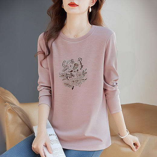 正肩大码长袖t恤女宽松减龄粉色上衣秋季2026新款女士打底衫内搭 商品图2