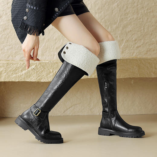 【预售7天】冬季新款皮带扣骑士靴羊羔毛保暖翻折两穿修饰腿型过膝长筒靴MX&cs28503 商品图4
