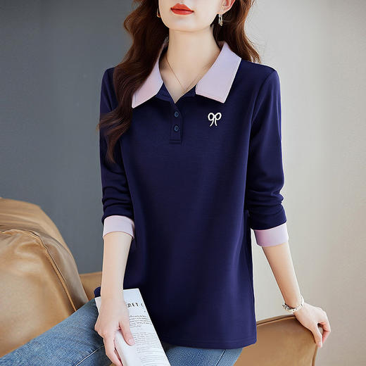 polo领长袖t恤女春秋2026新款春秋单穿翻领上衣爆款中长款打底衫 商品图3