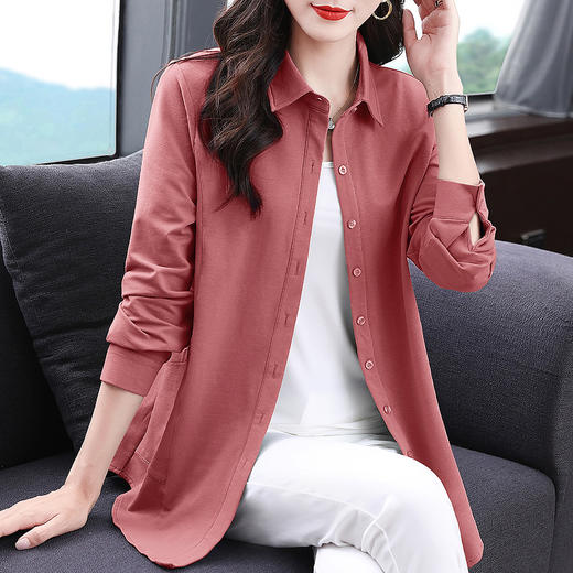 纯棉长袖衬衫女2026年新款大码女装中年妈妈中长款衬衣外套上衣 商品图0