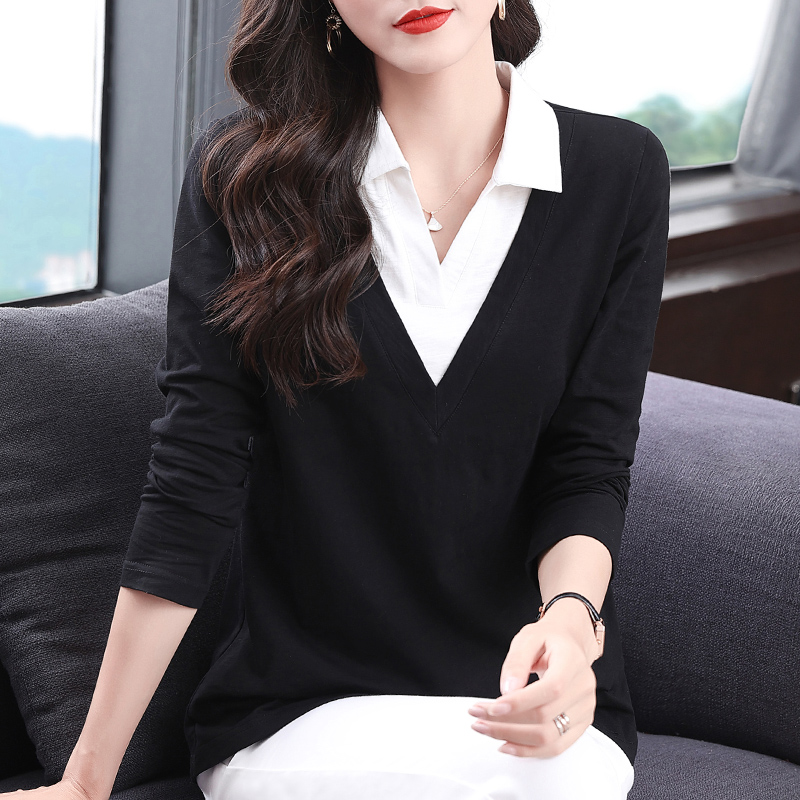 翻领女t恤长袖秋季新款上衣2026年春秋款大码中年妈妈纯棉打底衫