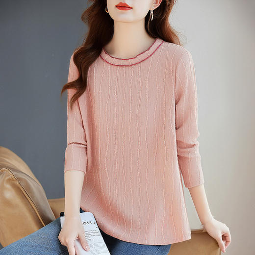 休闲圆领长袖t恤女秋季新款大码宽松显瘦遮肉粉色上衣外穿打底衫 商品图3