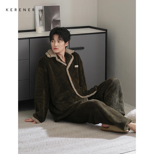 可人儿冬季男士保暖舒棉绒睡衣秋冬休闲翻领男款加厚珊瑚绒家居服 商品图2
