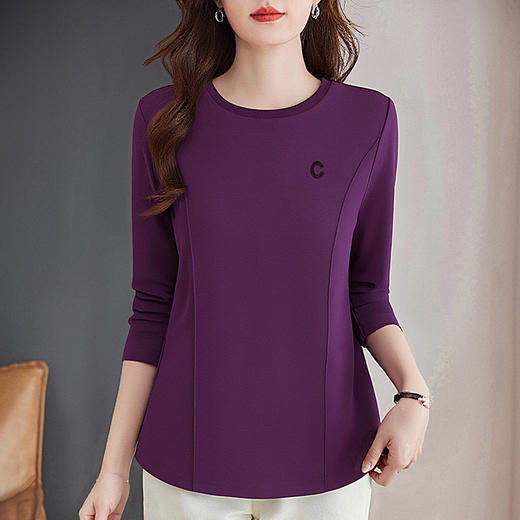 大码长袖T恤女士秋季新款薄款正肩紫色上衣遮肚子显瘦女装打底衫 商品图1