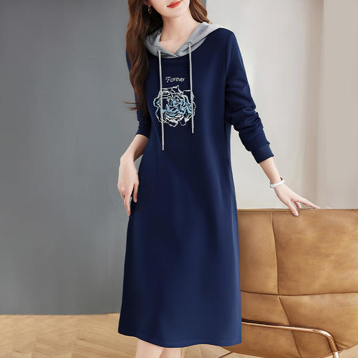 女士连帽卫衣裙秋装休闲宽松长袖连衣裙新款大码女装撞色直筒裙 商品图1
