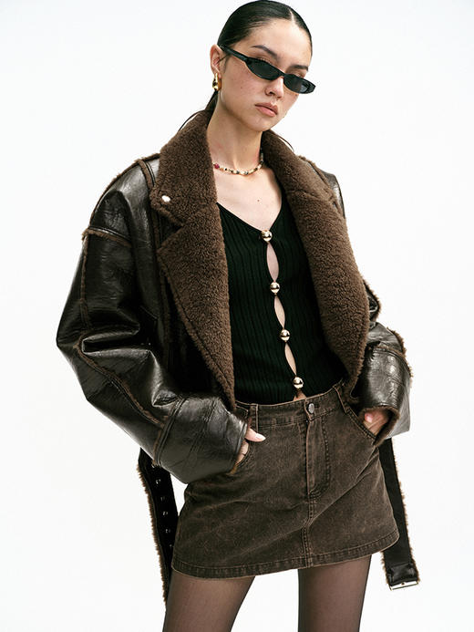 TR她热 摇滚主唱 棕色油蜡皮廓形复古翻领皮毛一体外套皮夹克 商品图0