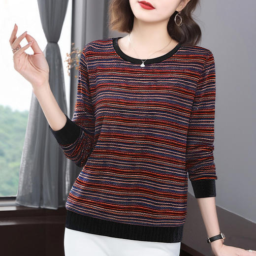 德绒长袖t恤女中年妈妈春秋新款上衣大码秋衣外穿条纹低领打底衫 商品图1