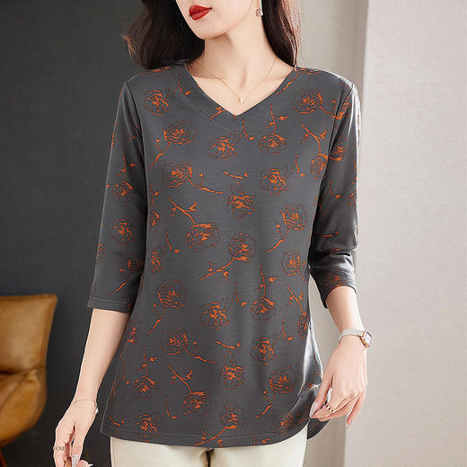 v领七分袖女士上衣2026新款春秋大码女装宽松时尚洋气妈妈中袖t恤 商品图1