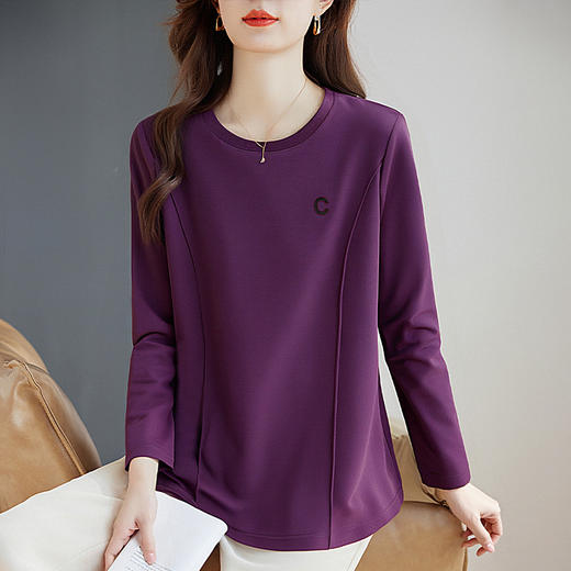大码长袖T恤女士秋季新款薄款正肩紫色上衣遮肚子显瘦女装打底衫 商品图0