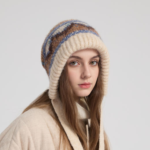 *【卡蒙】秋冬女款加厚保暖护耳系带费尔岛特色提花针织帽KM-9614 商品图2