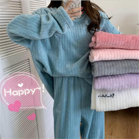 秋冬法兰绒睡衣两件套珊瑚绒家居服新款月牙城休闲条纹暖暖套装女