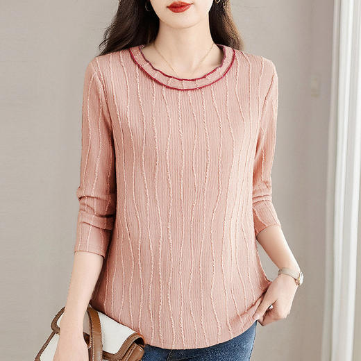 休闲圆领长袖t恤女秋季新款大码宽松显瘦遮肉粉色上衣外穿打底衫 商品图1
