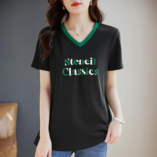 黑色女士短袖t恤夏季2026新款宽松大码胖mm显瘦遮肉V领上衣中长款 商品图1